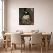 Unframed poster print of Edvard Munch's Inheritance displayed on a wall in a dining room