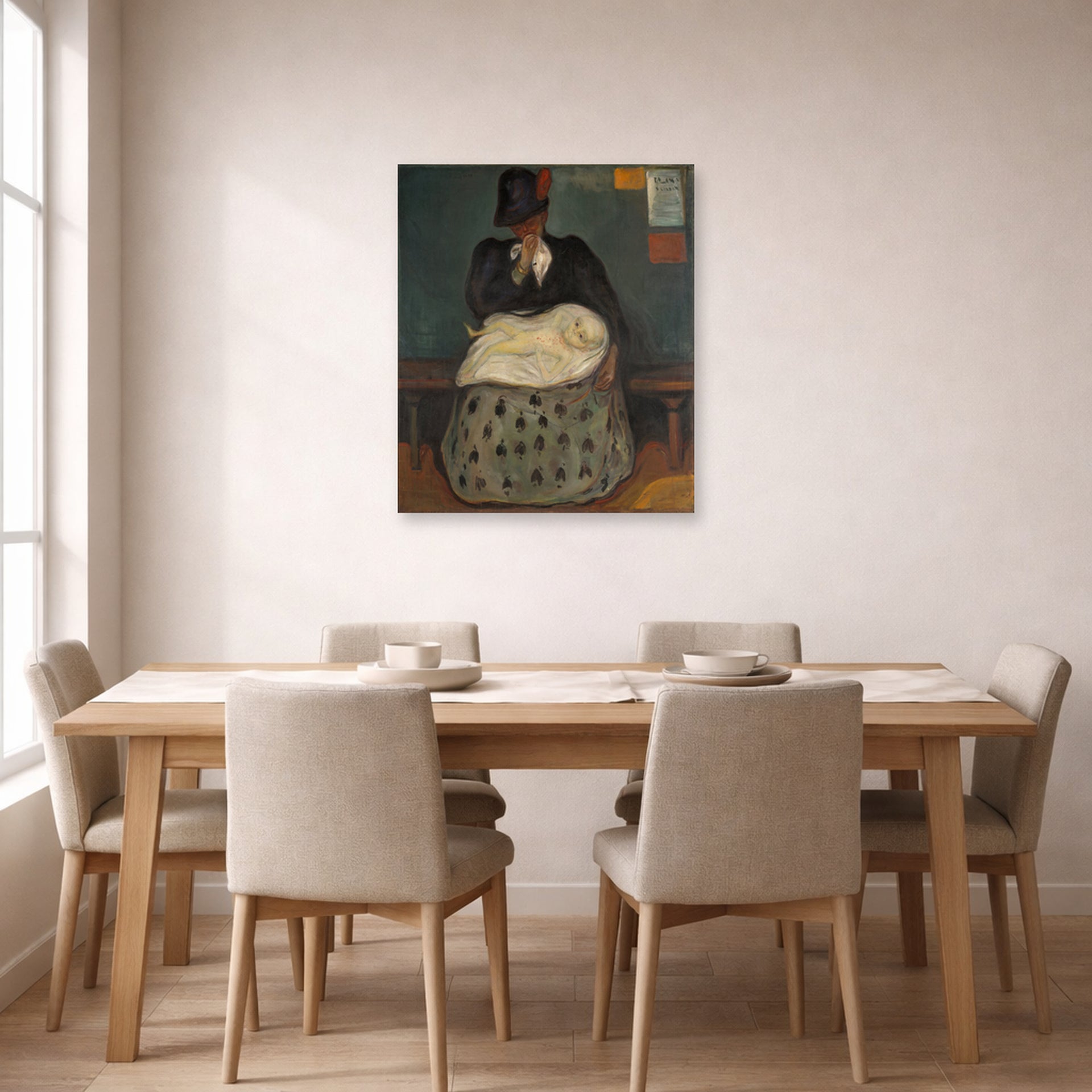 Unframed poster print of Edvard Munch's Inheritance displayed on a wall in a dining room