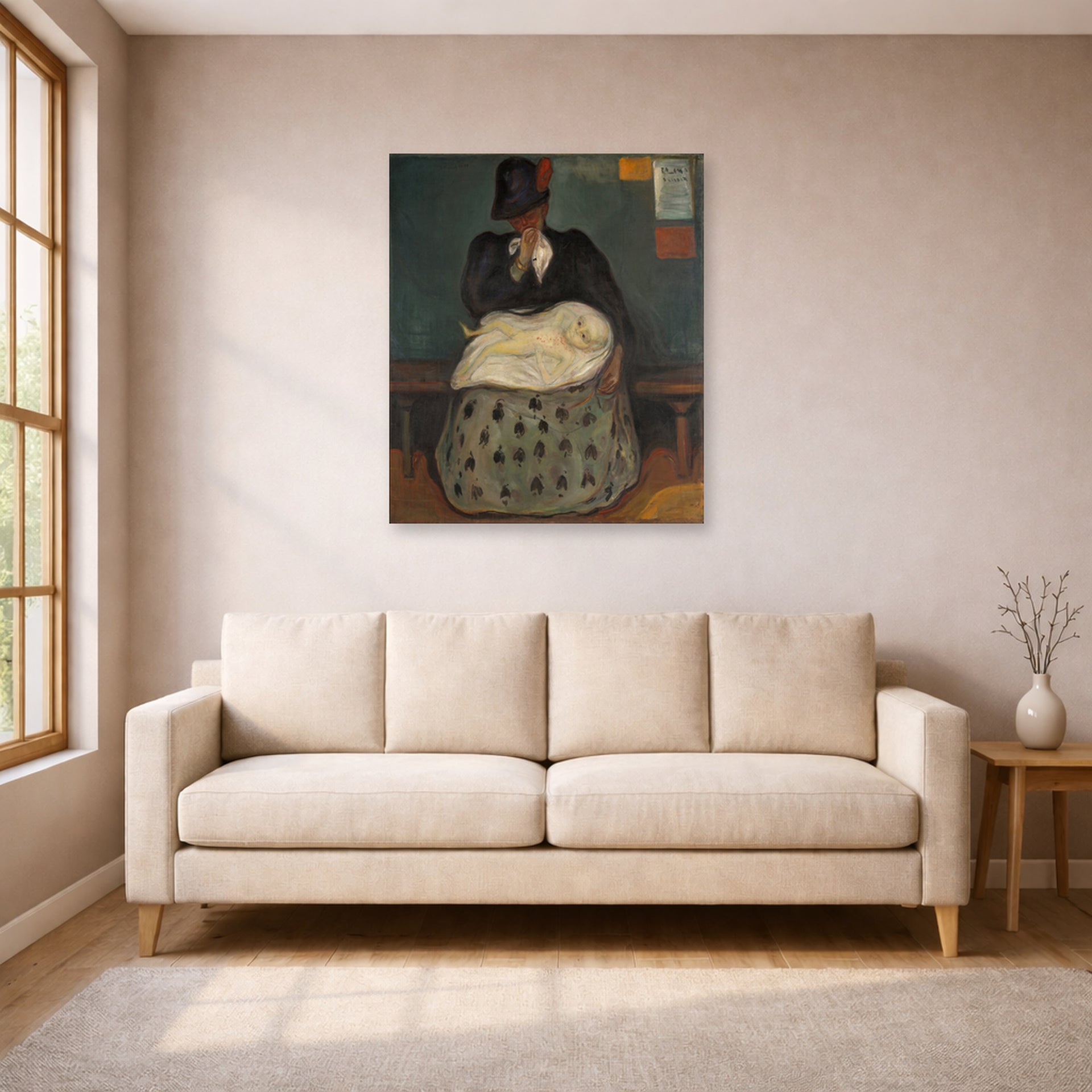 Unframed poster print of Edvard Munch's Inheritance displayed on a wall in a living room