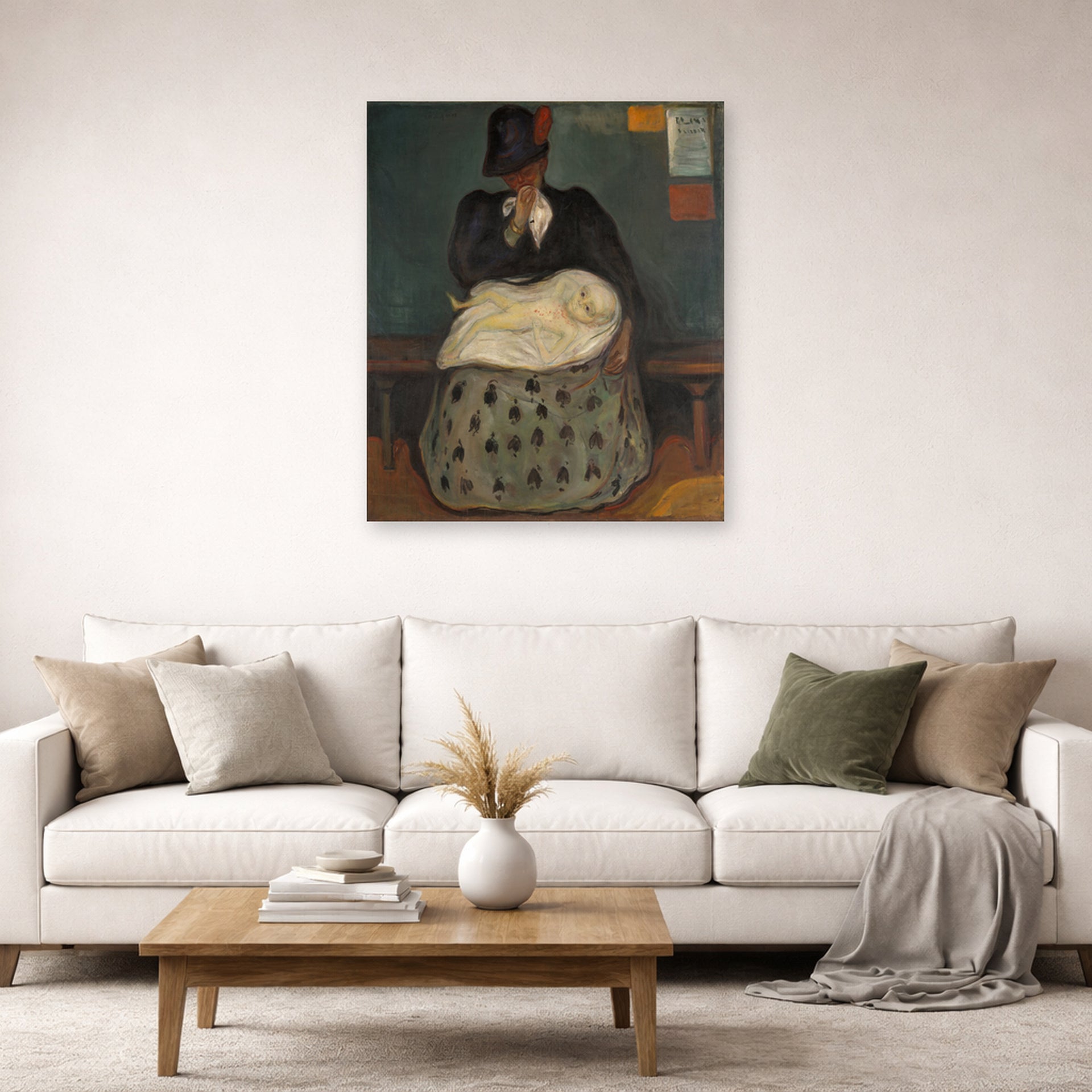 Unframed poster print of Edvard Munch's Inheritance displayed on a wall in a living room