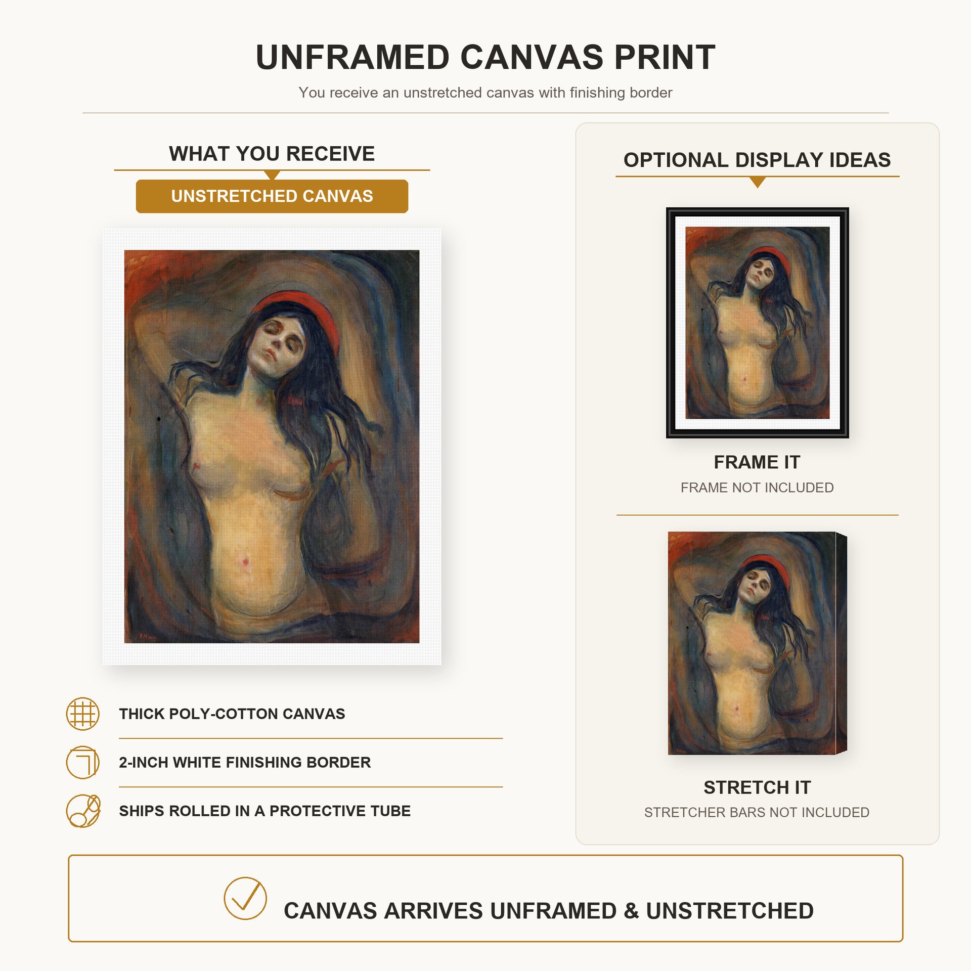 Edvard Munch - Madonna canvas print size comparison and framing display infographic