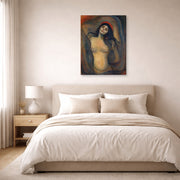 Gallery-wrapped canvas print of Edvard Munch's Madonna displayed on a wall in a bedroom