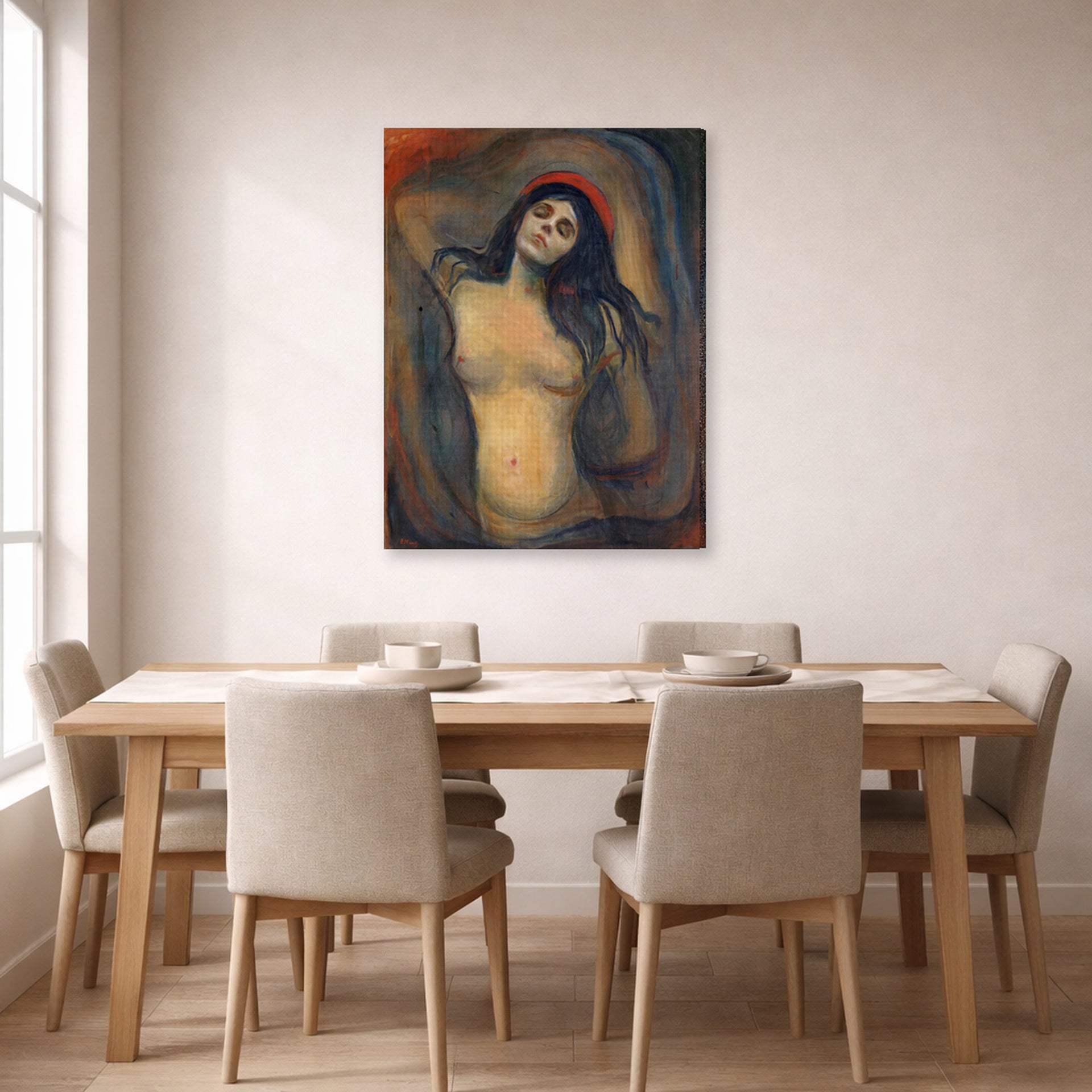 Gallery-wrapped canvas print of Edvard Munch's Madonna displayed on a wall in a dining room