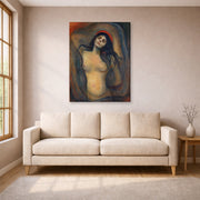 Gallery-wrapped canvas print of Edvard Munch's Madonna displayed on a wall in a living room