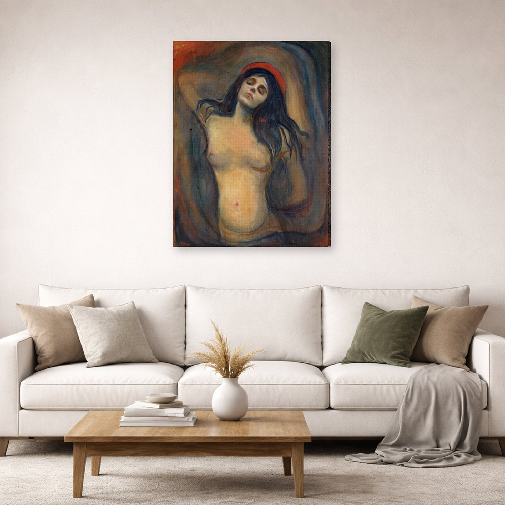 Gallery-wrapped canvas print of Edvard Munch's Madonna displayed on a wall in a living room