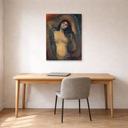Gallery-wrapped canvas print of Edvard Munch's Madonna displayed on a wall in a home office