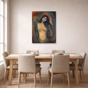 Unframed poster print of Edvard Munch's Madonna displayed on a wall in a dining room