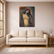 Unframed poster print of Edvard Munch's Madonna displayed on a wall in a living room