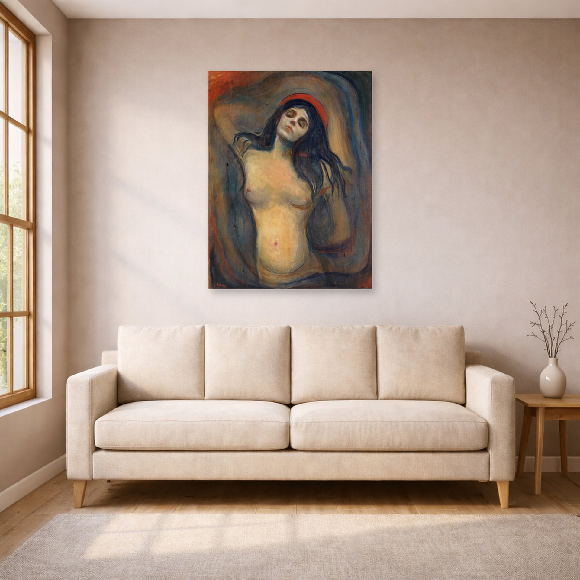 Unframed poster print of Edvard Munch's Madonna displayed on a wall in a living room