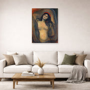 Unframed poster print of Edvard Munch's Madonna displayed on a wall in a living room