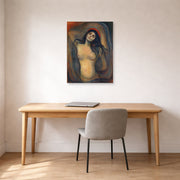 Unframed poster print of Edvard Munch's Madonna displayed on a wall in a home office
