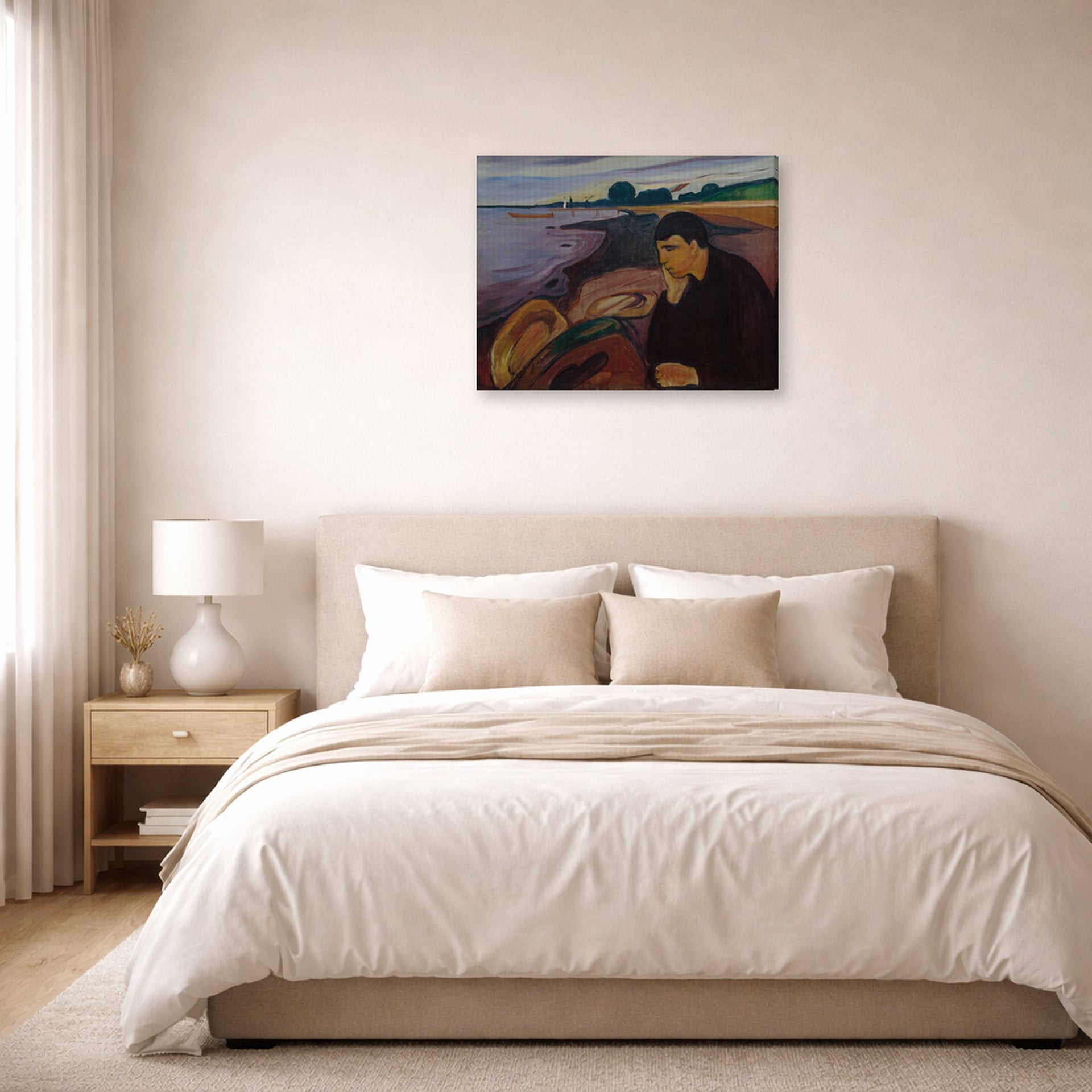Gallery-wrapped canvas print of Edvard Munch's Melankoli displayed on a wall in a bedroom