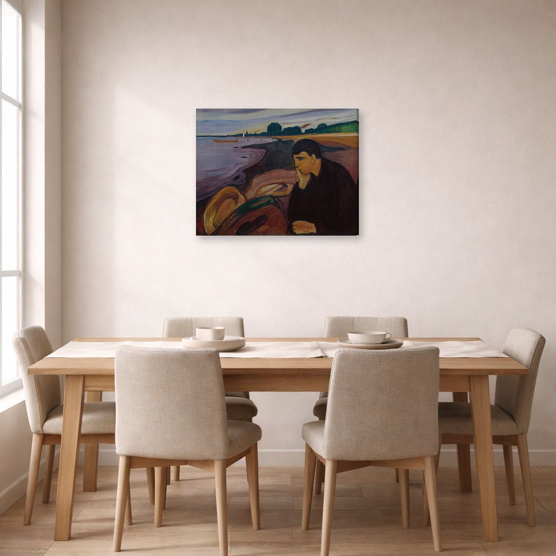 Gallery-wrapped canvas print of Edvard Munch's Melankoli displayed on a wall in a dining room