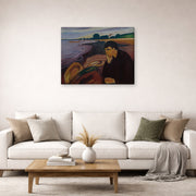 Gallery-wrapped canvas print of Edvard Munch's Melankoli displayed on a wall in a living room