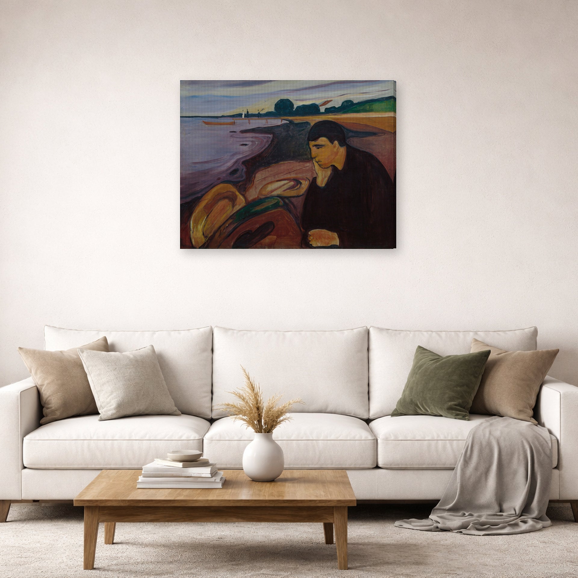 Gallery-wrapped canvas print of Edvard Munch's Melankoli displayed on a wall in a living room