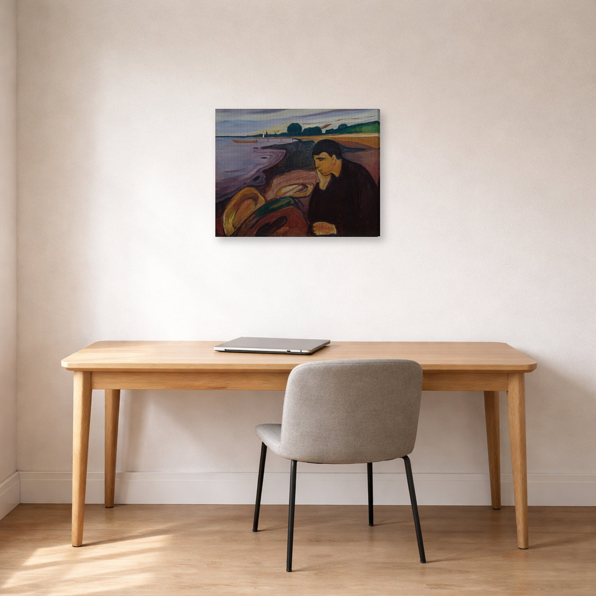 Gallery-wrapped canvas print of Edvard Munch's Melankoli displayed on a wall in a home office