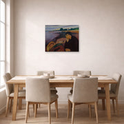 Unframed poster print of Edvard Munch's Melankoli displayed on a wall in a dining room