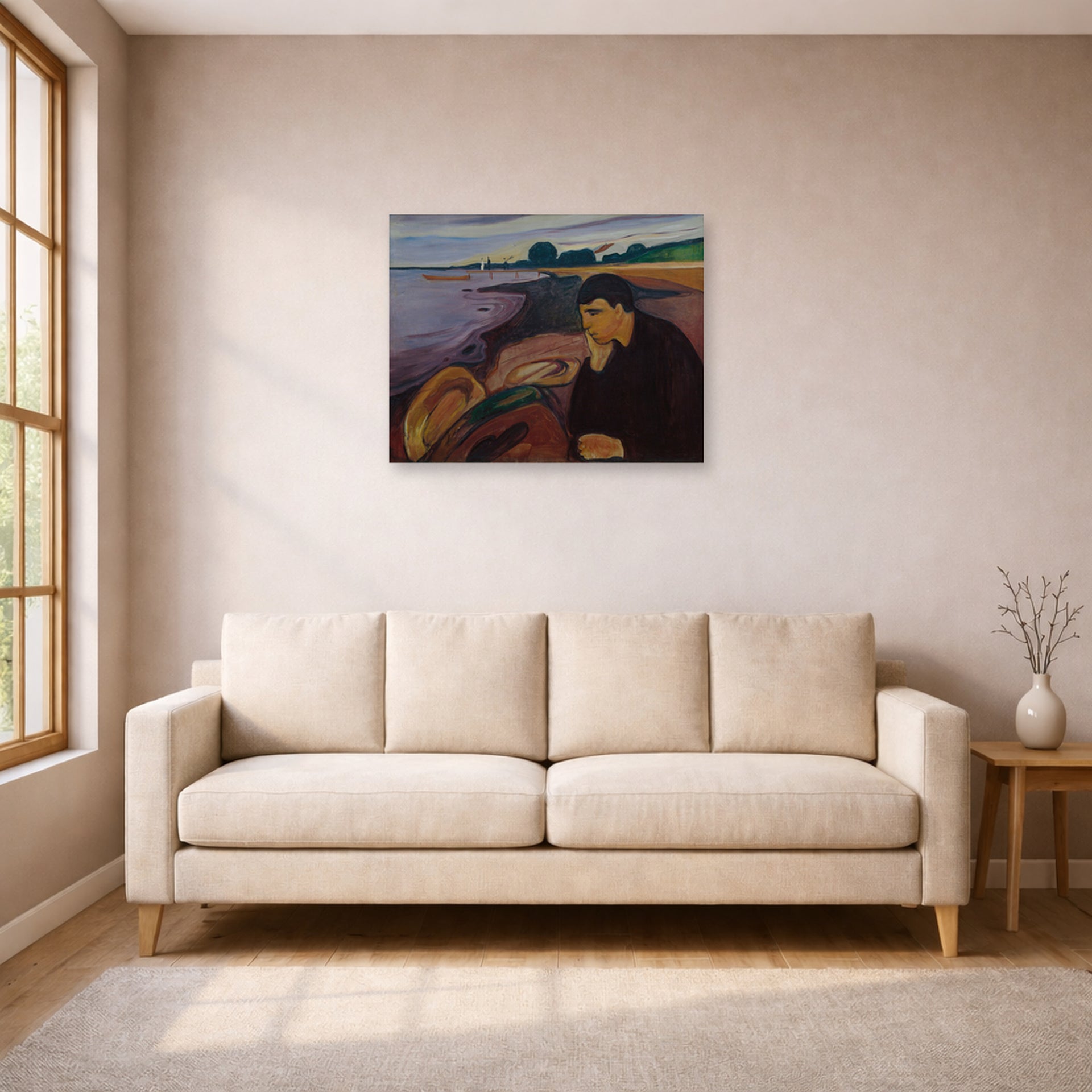 Unframed poster print of Edvard Munch's Melankoli displayed on a wall in a living room