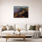 Unframed poster print of Edvard Munch's Melankoli displayed on a wall in a living room