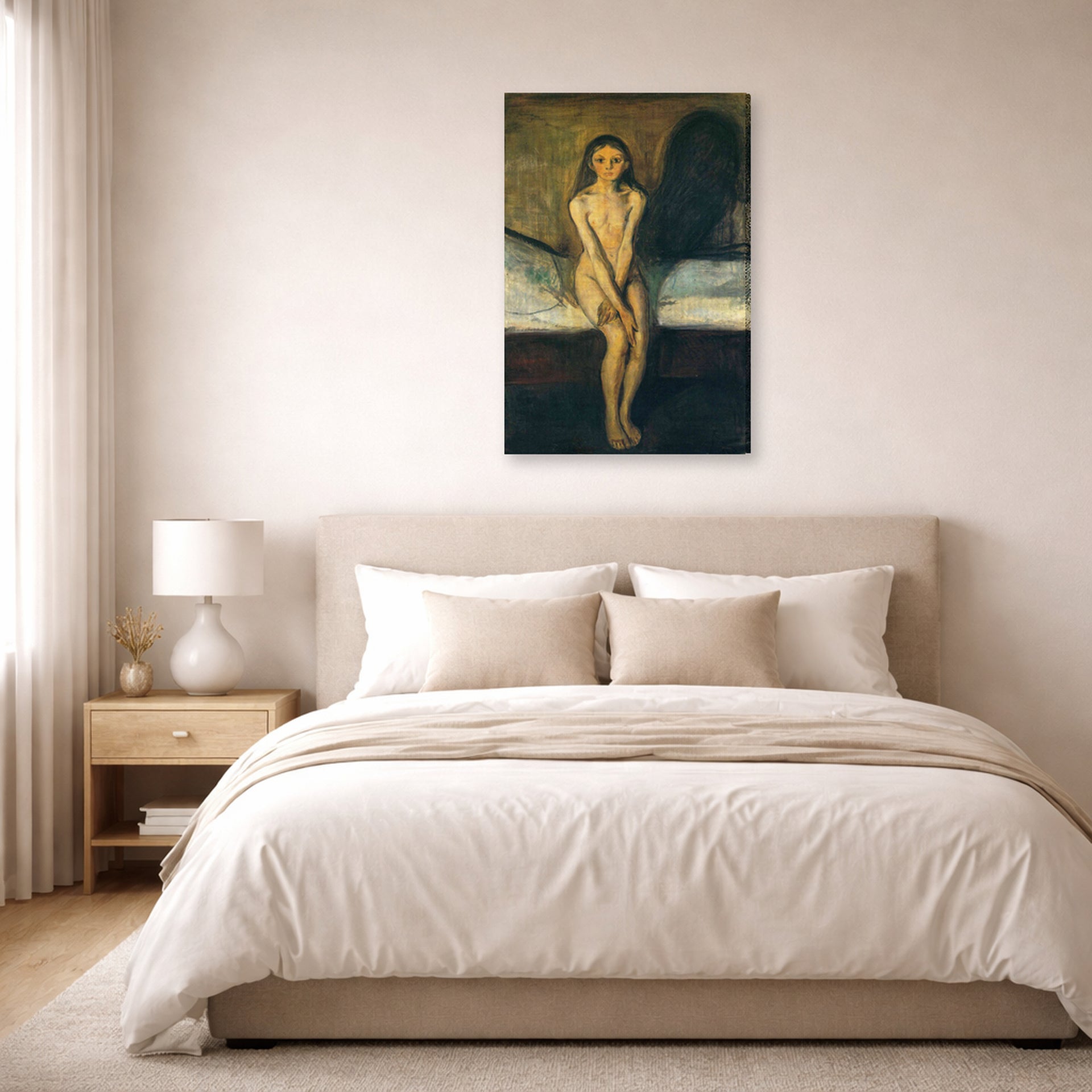 Gallery-wrapped canvas print of Edvard Munch's Puberty displayed on a wall in a bedroom