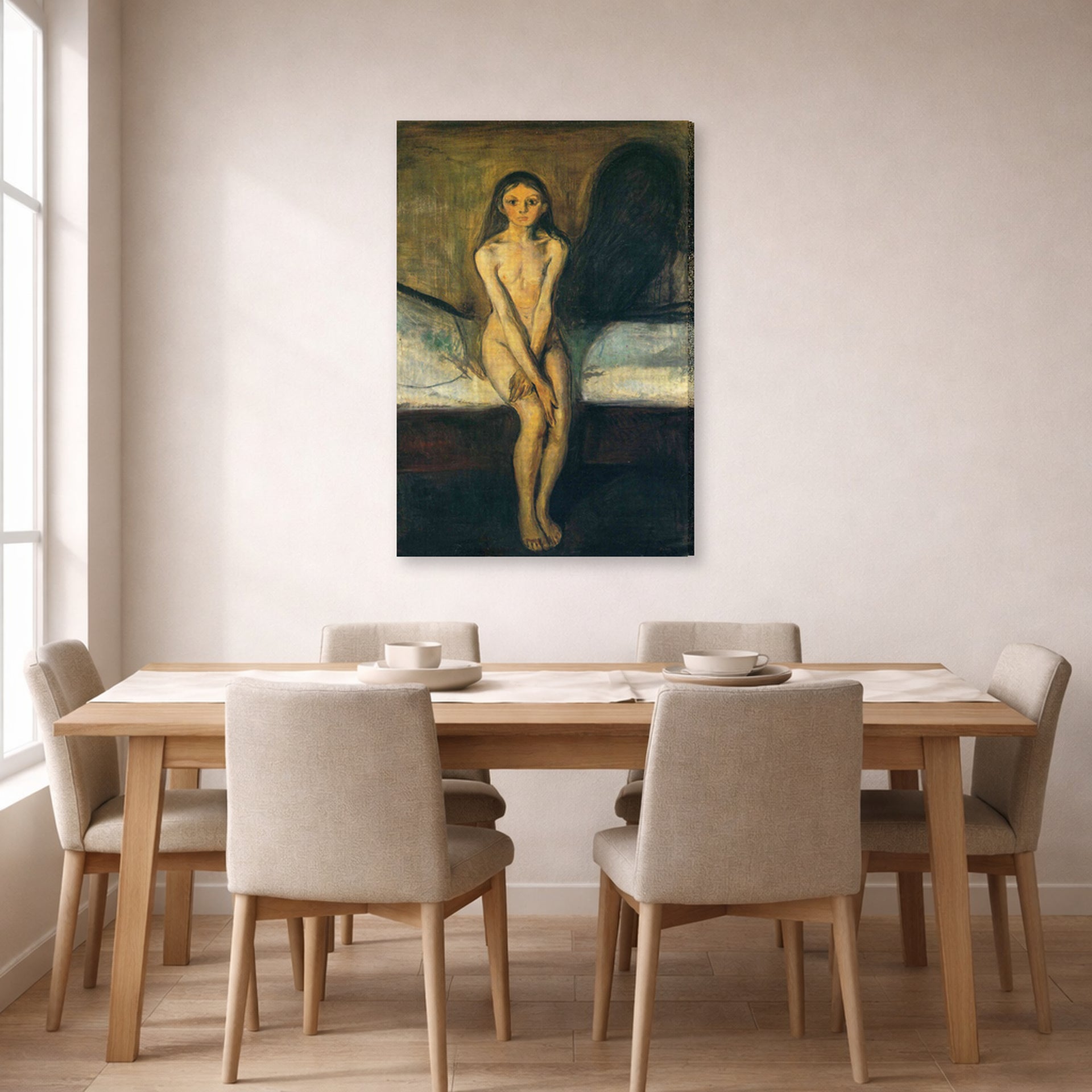 Gallery-wrapped canvas print of Edvard Munch's Puberty displayed on a wall in a dining room
