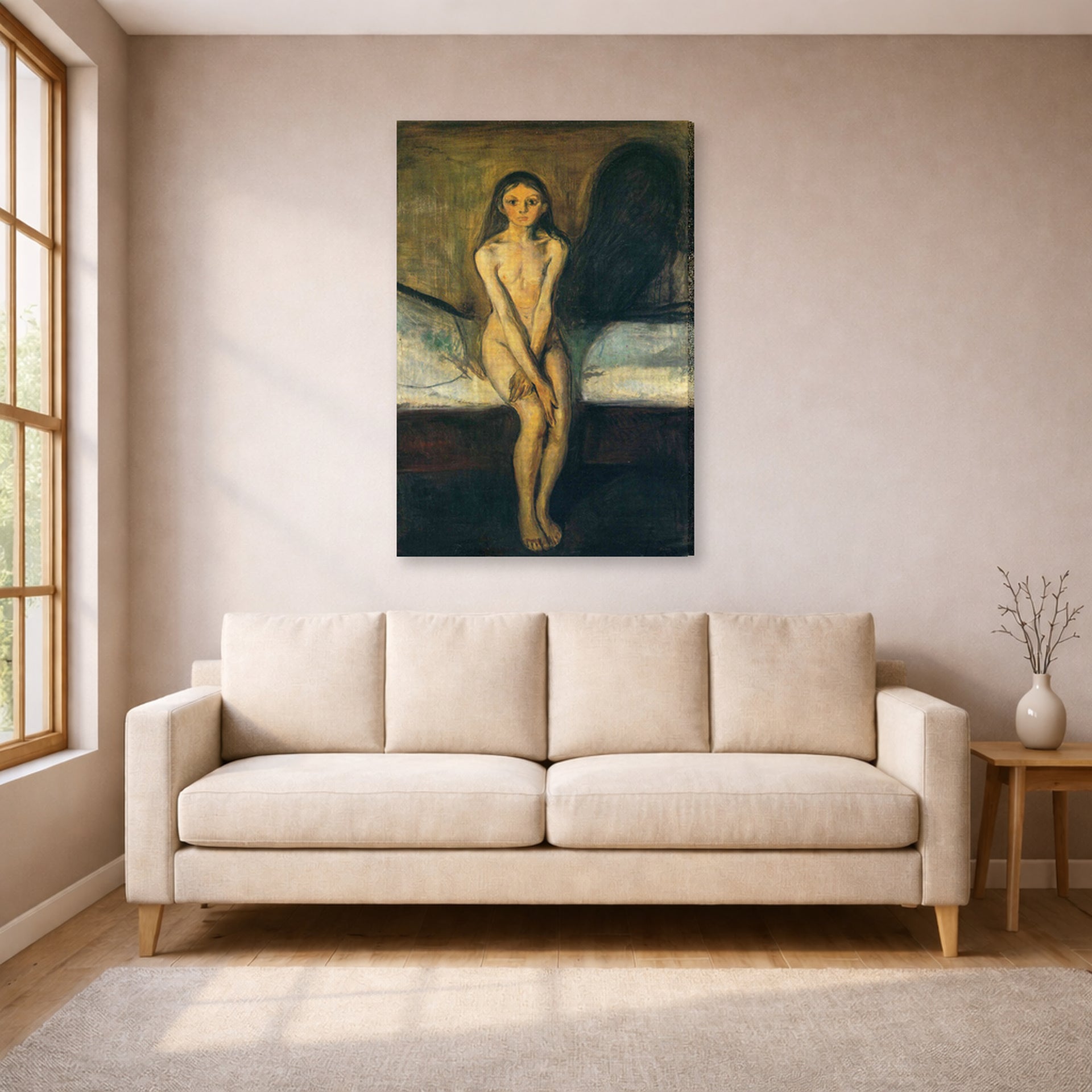 Gallery-wrapped canvas print of Edvard Munch's Puberty displayed on a wall in a living room