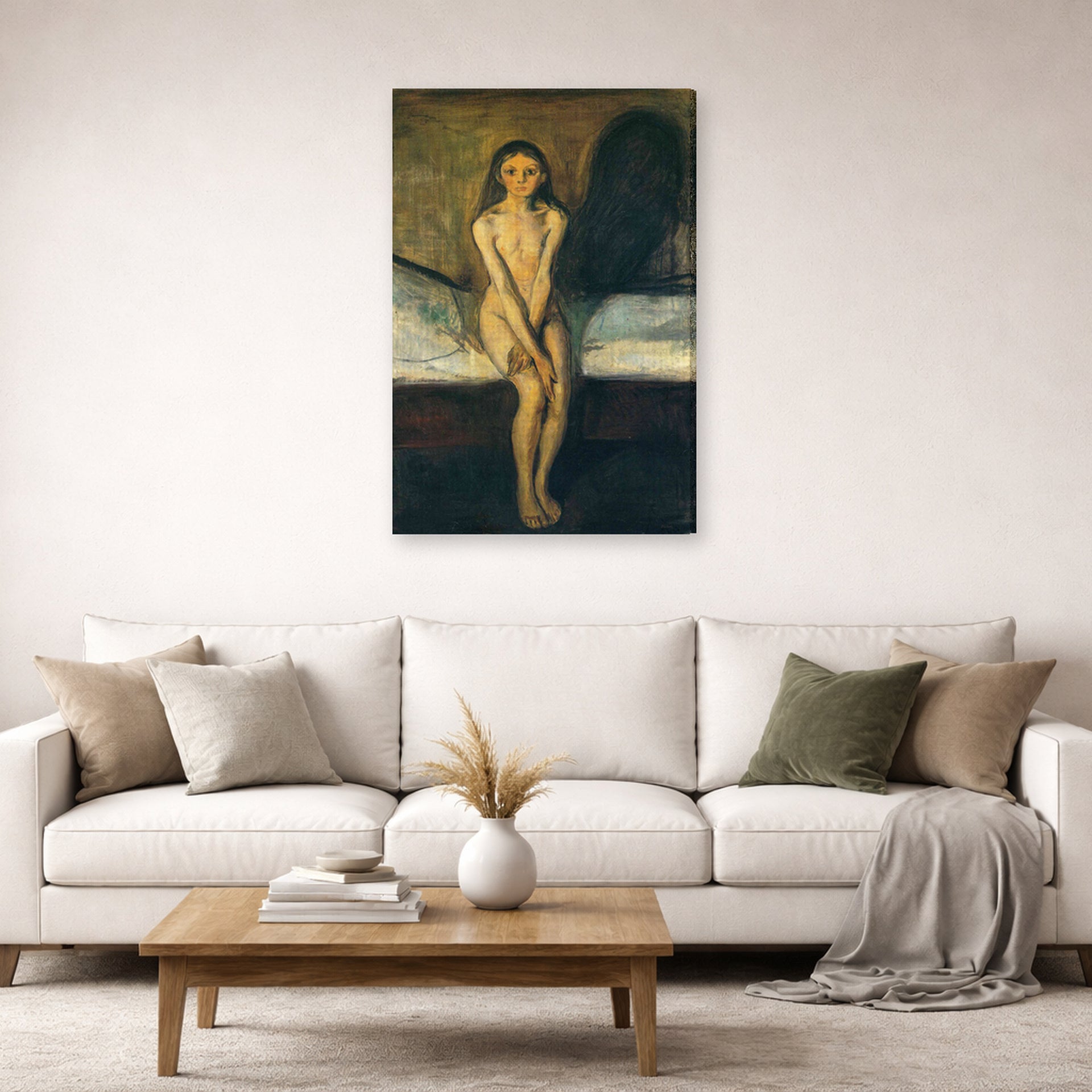Gallery-wrapped canvas print of Edvard Munch's Puberty displayed on a wall in a living room