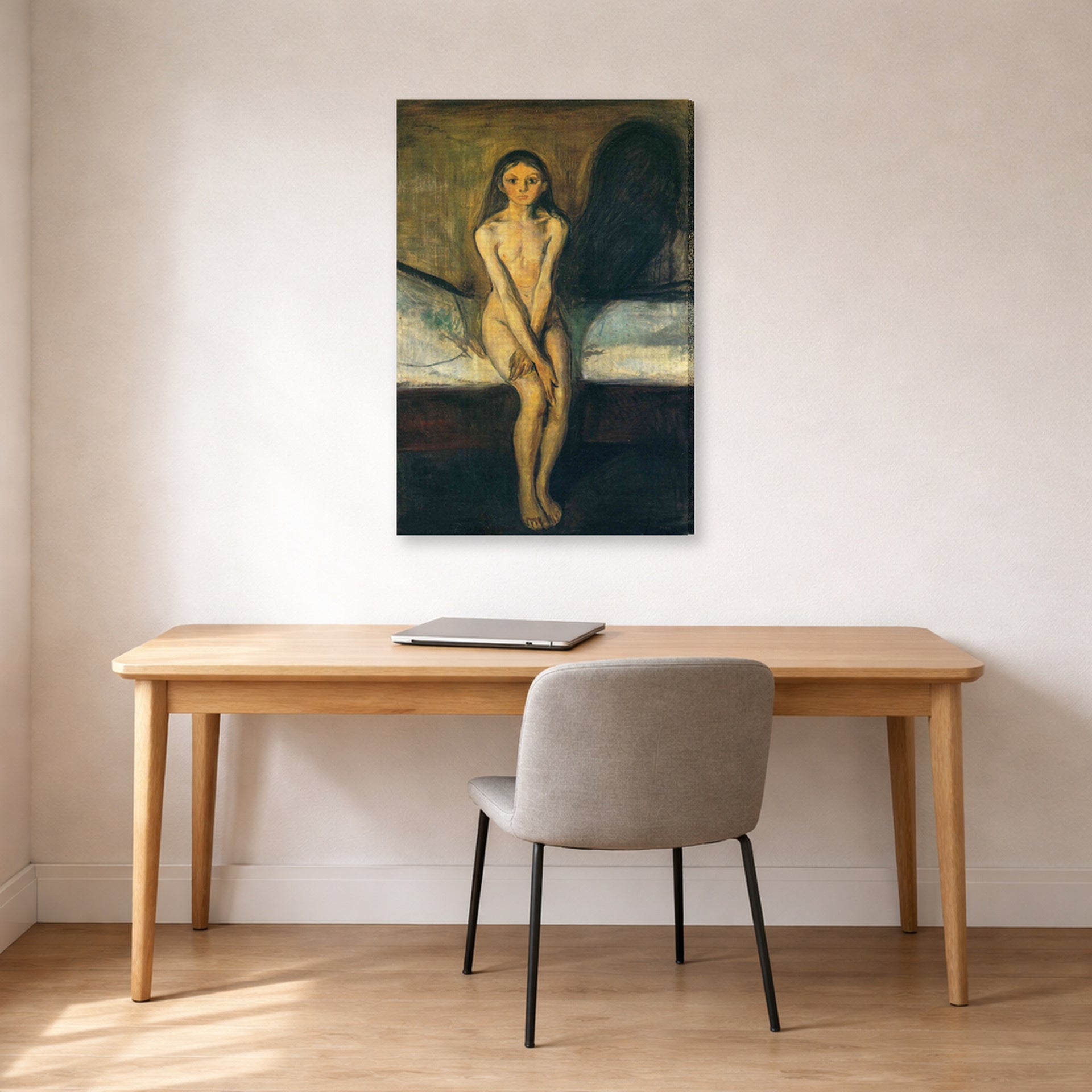 Gallery-wrapped canvas print of Edvard Munch's Puberty displayed on a wall in a home office