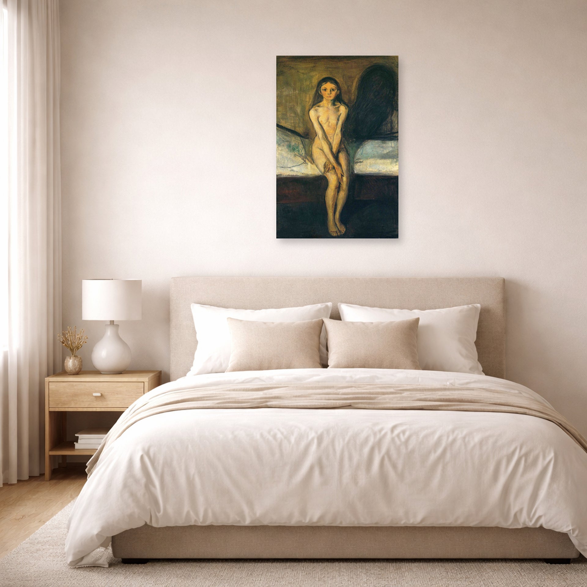 Unframed poster print of Edvard Munch's Puberty displayed on a wall in a bedroom