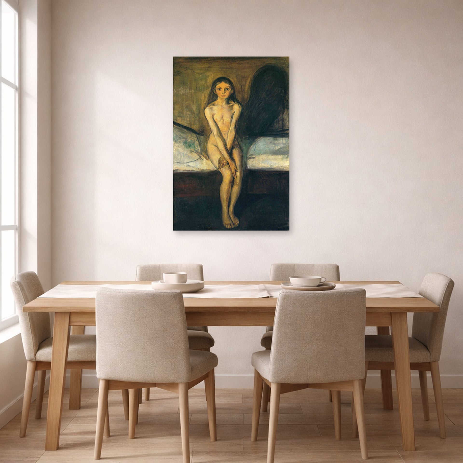 Unframed poster print of Edvard Munch's Puberty displayed on a wall in a dining room