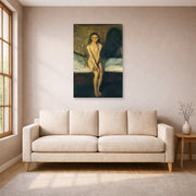 Unframed poster print of Edvard Munch's Puberty displayed on a wall in a living room