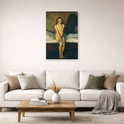 Unframed poster print of Edvard Munch's Puberty displayed on a wall in a living room