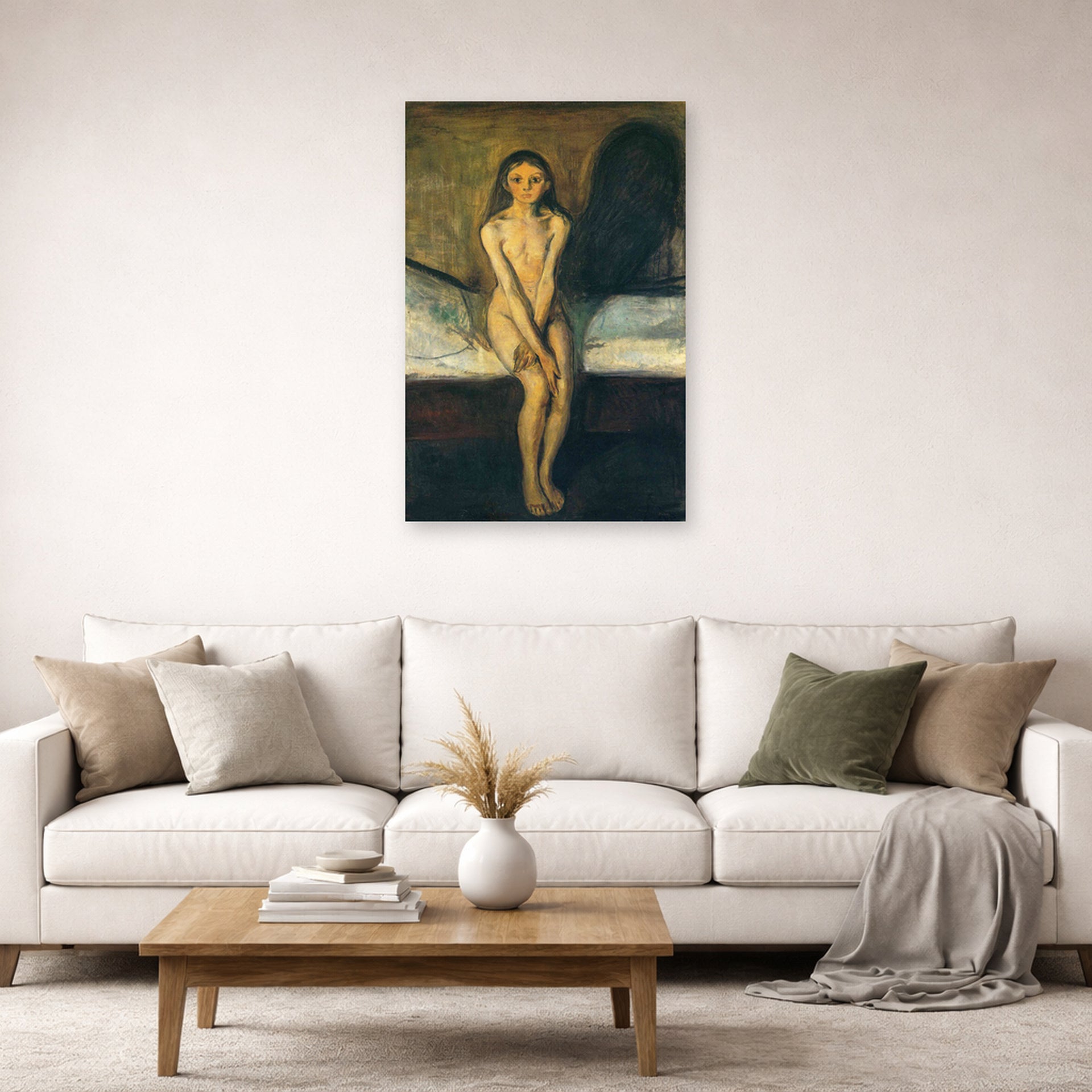 Unframed poster print of Edvard Munch's Puberty displayed on a wall in a living room