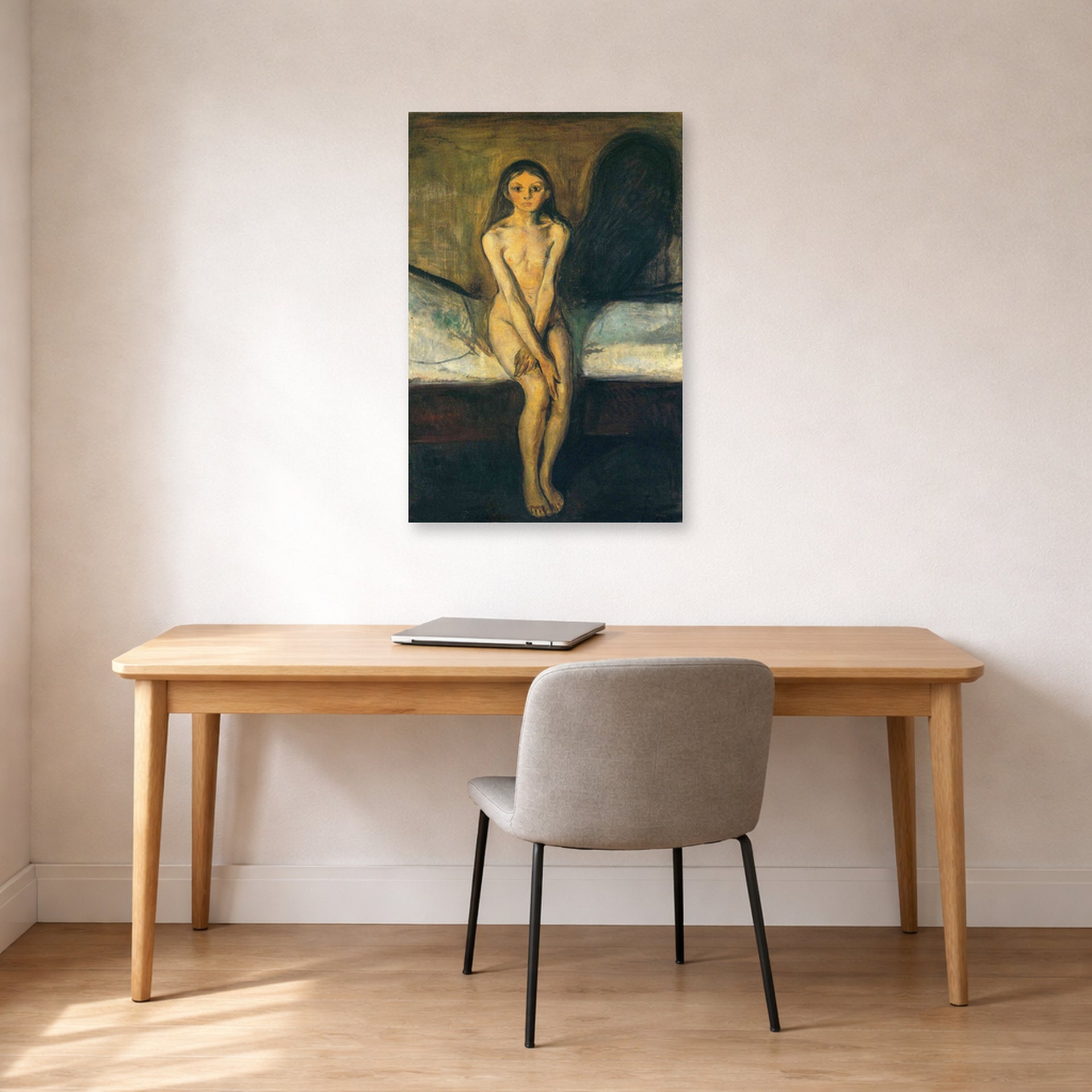 Unframed poster print of Edvard Munch's Puberty displayed on a wall in a home office