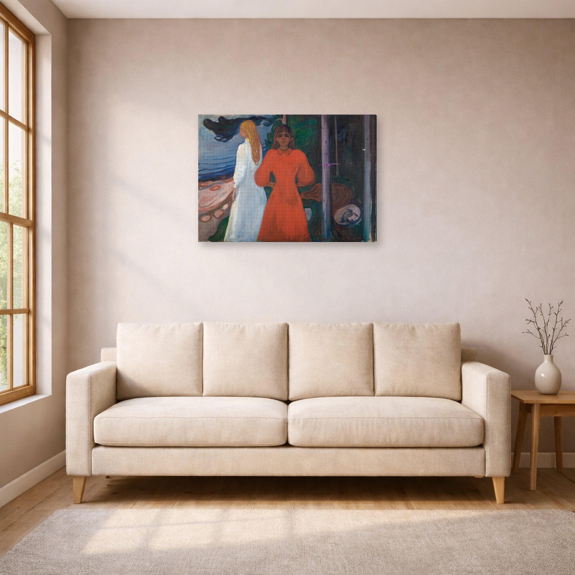 Gallery-wrapped canvas print of Edvard Munch's Red and White displayed on a wall in a living room