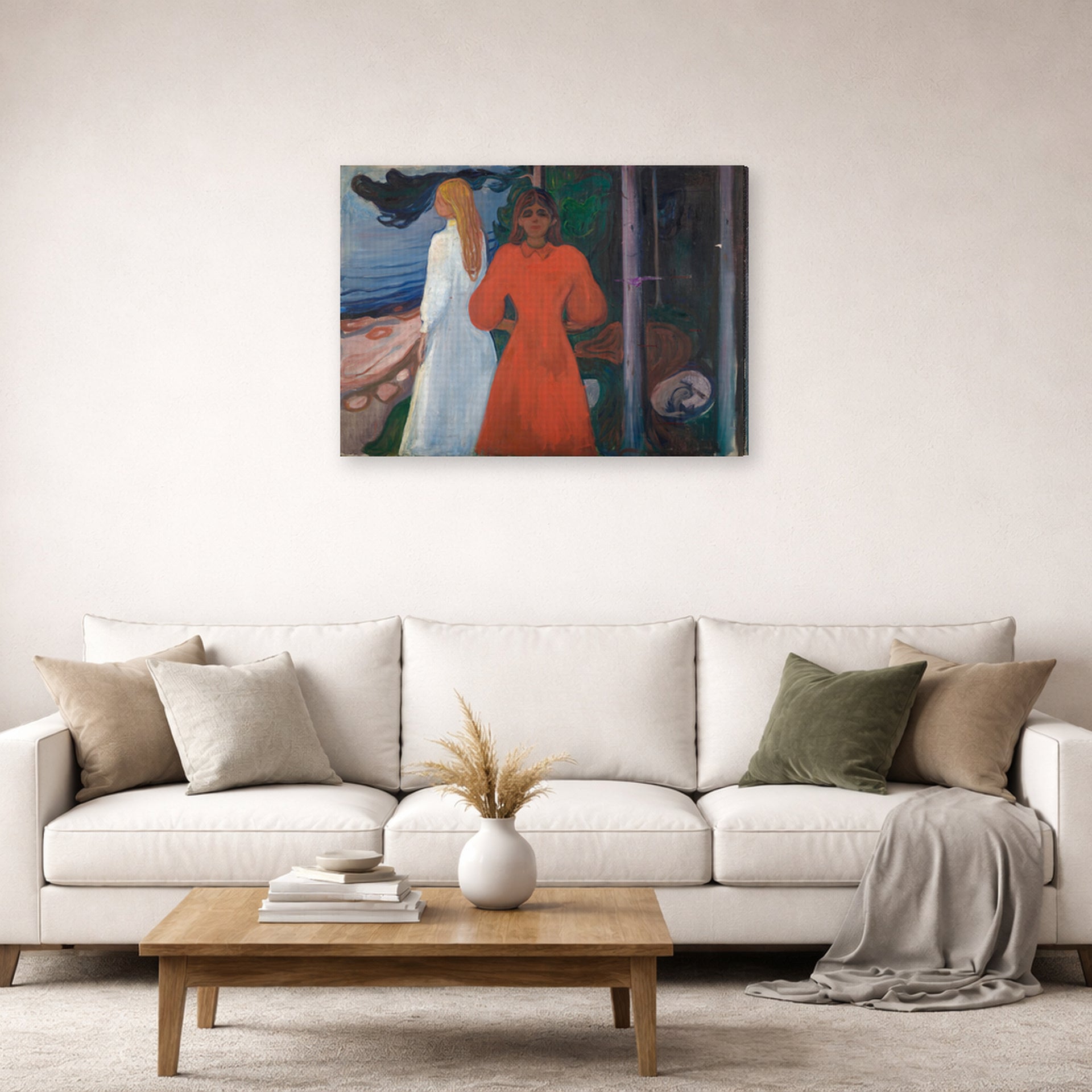 Gallery-wrapped canvas print of Edvard Munch's Red and White displayed on a wall in a living room