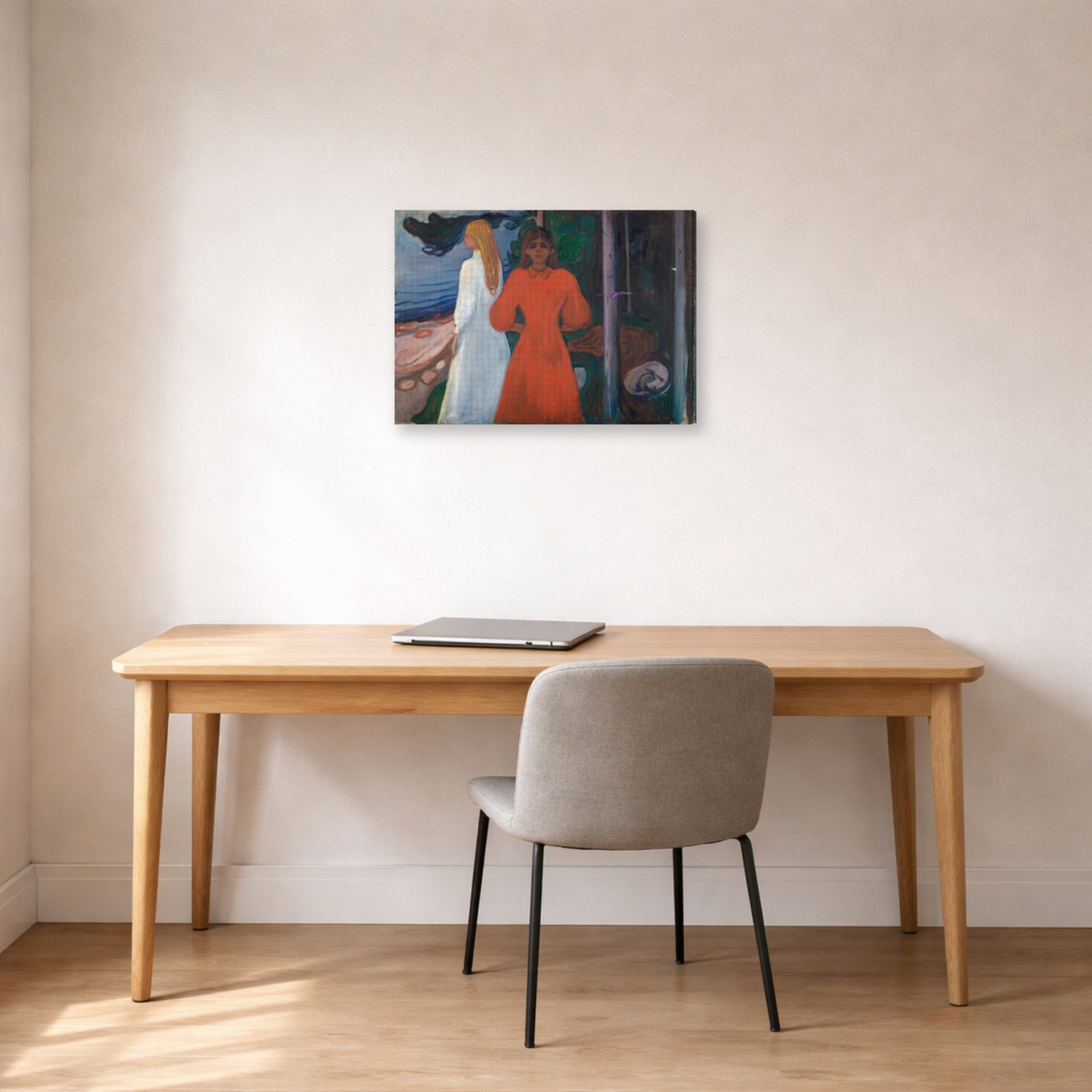 Gallery-wrapped canvas print of Edvard Munch's Red and White displayed on a wall in a home office