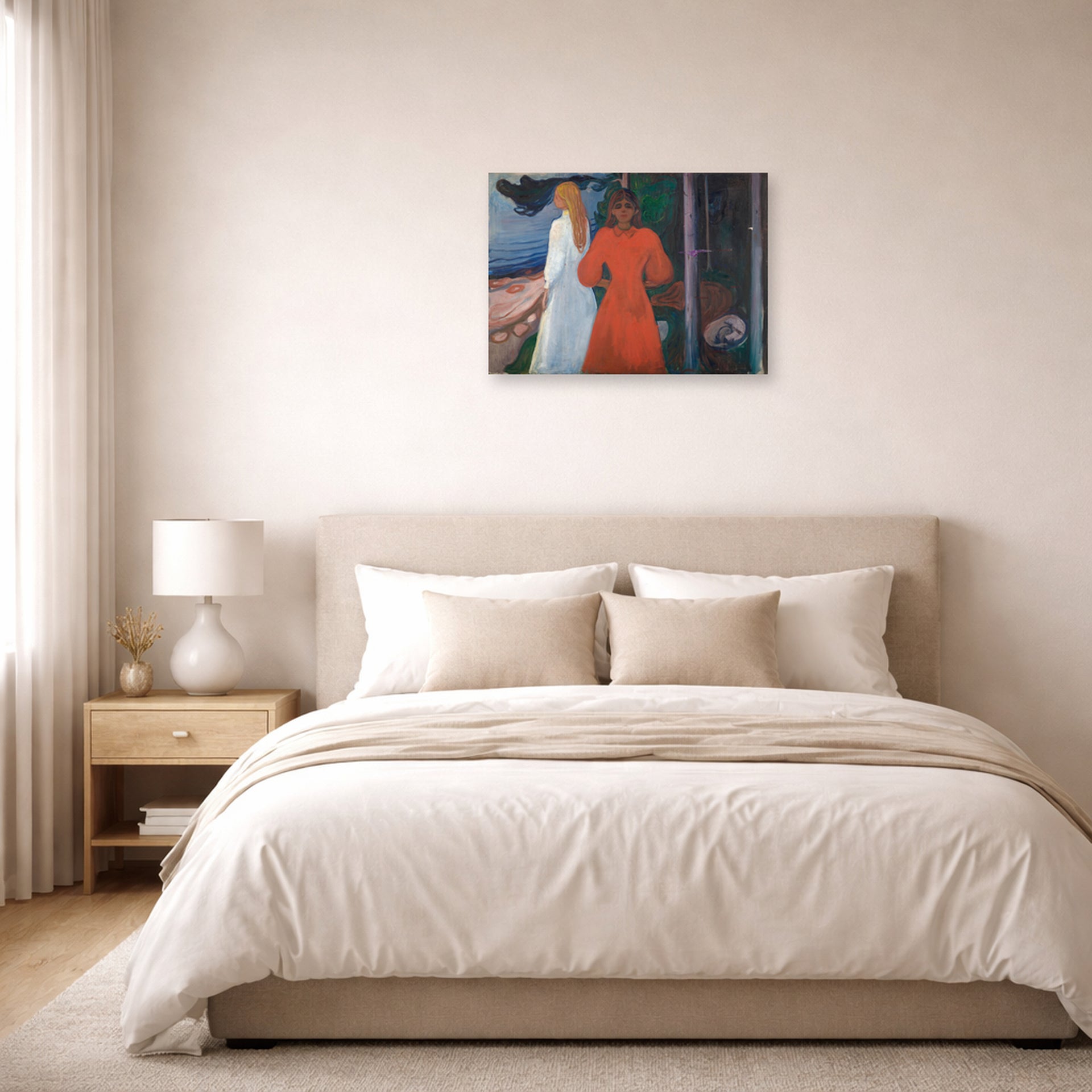 Unframed poster print of Edvard Munch's Red and White displayed on a wall in a bedroom