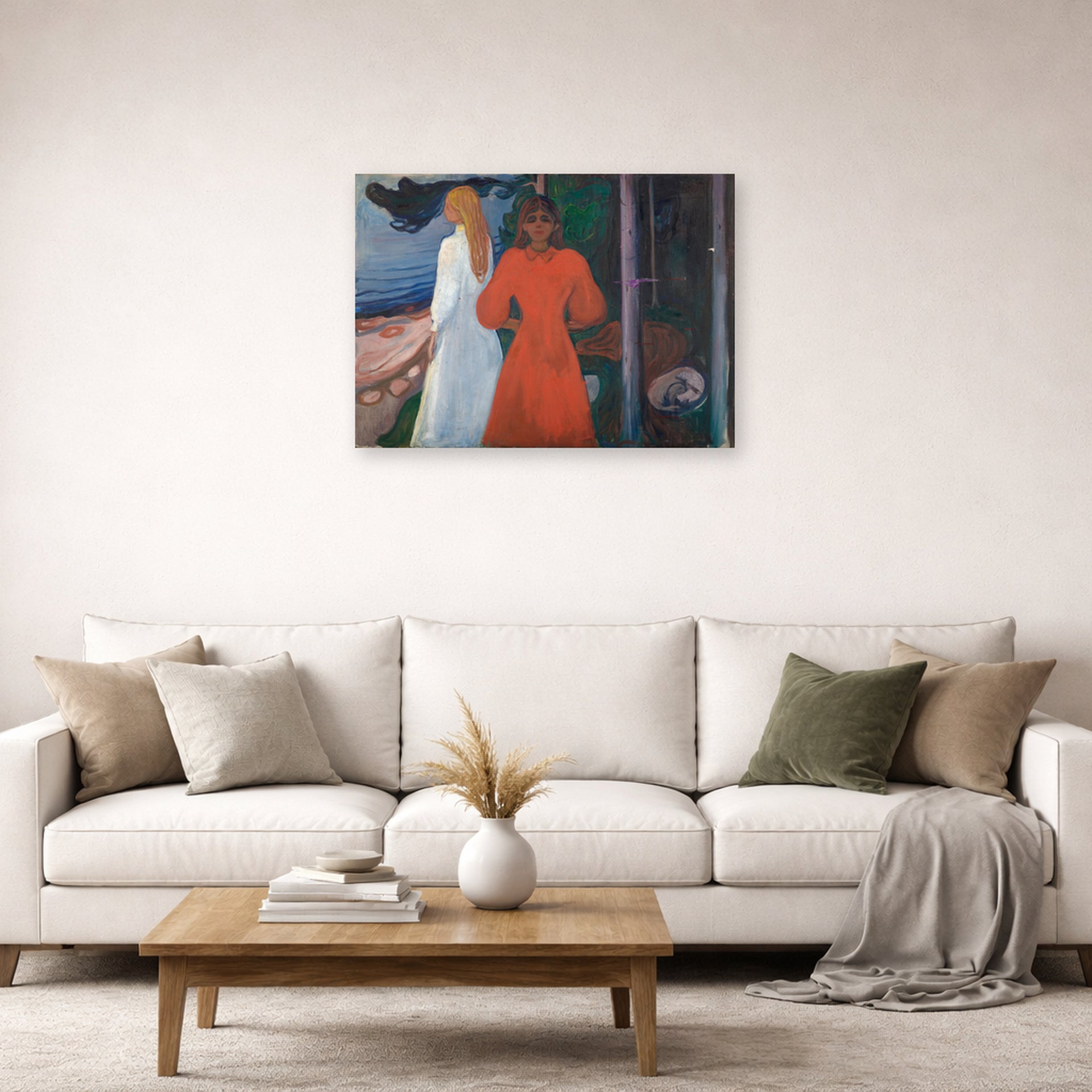 Unframed poster print of Edvard Munch's Red and White displayed on a wall in a living room