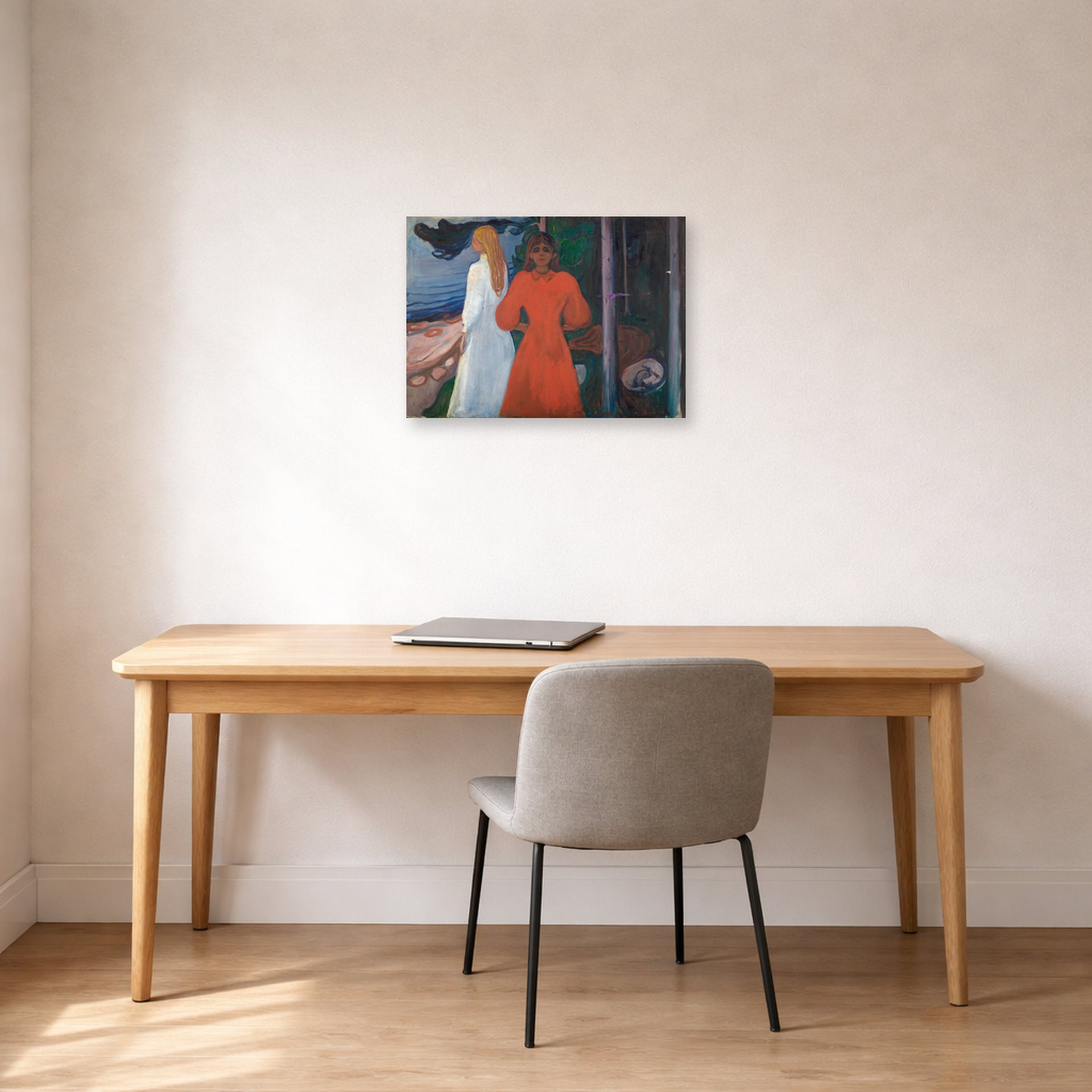 Unframed poster print of Edvard Munch's Red and White displayed on a wall in a home office
