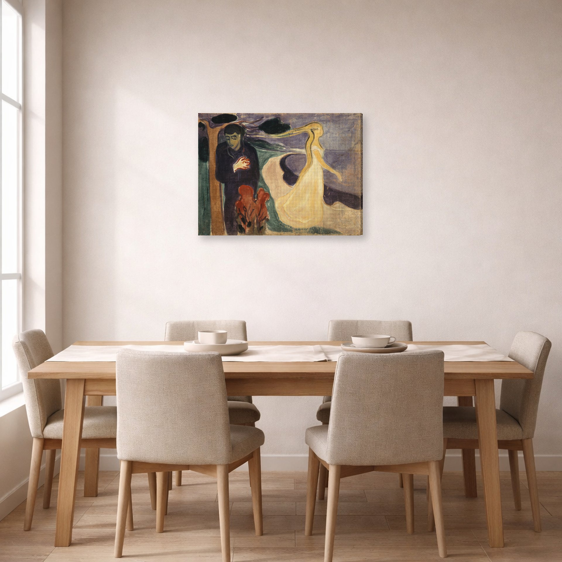 Gallery-wrapped canvas print of Edvard Munch's Separation displayed on a wall in a dining room