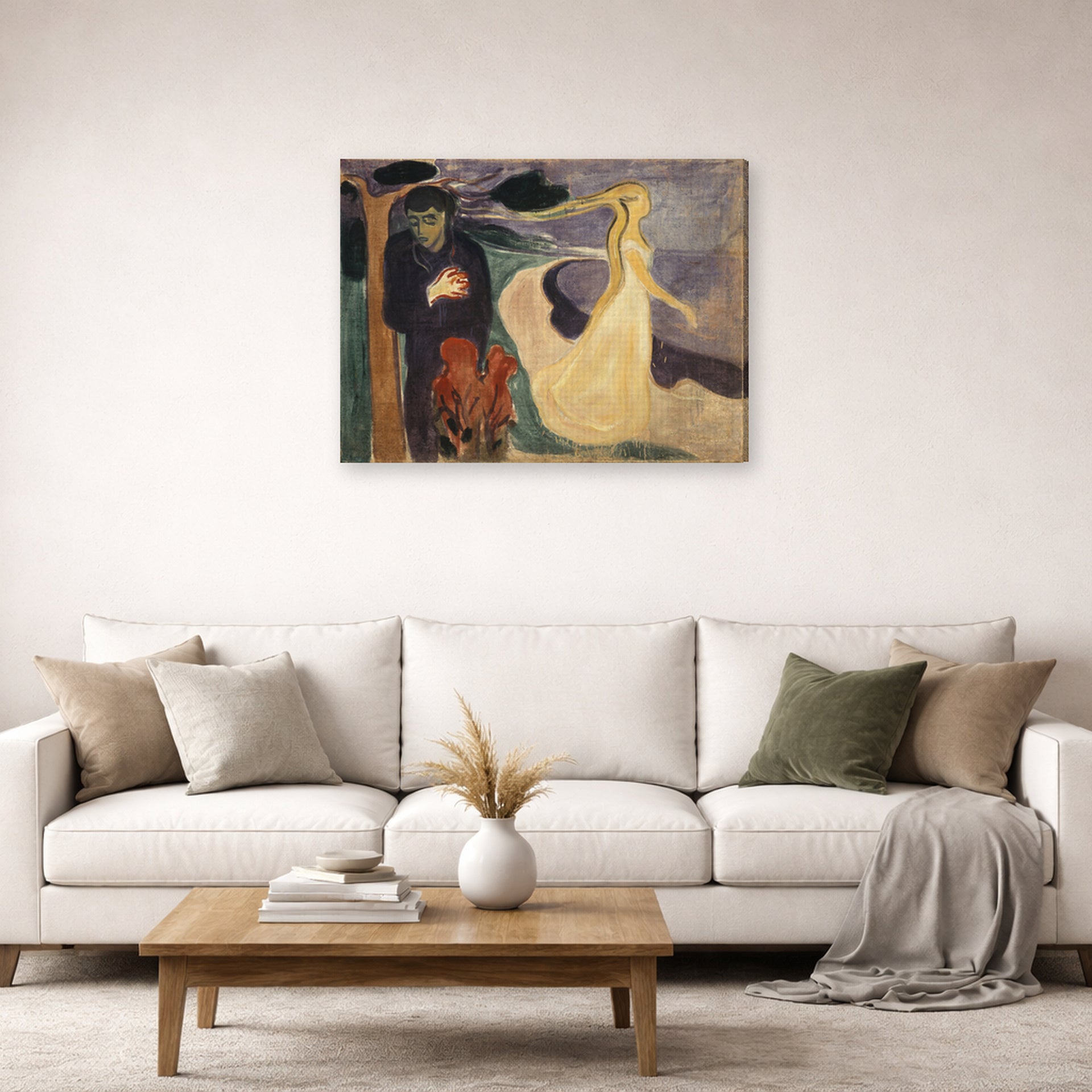 Gallery-wrapped canvas print of Edvard Munch's Separation displayed on a wall in a living room