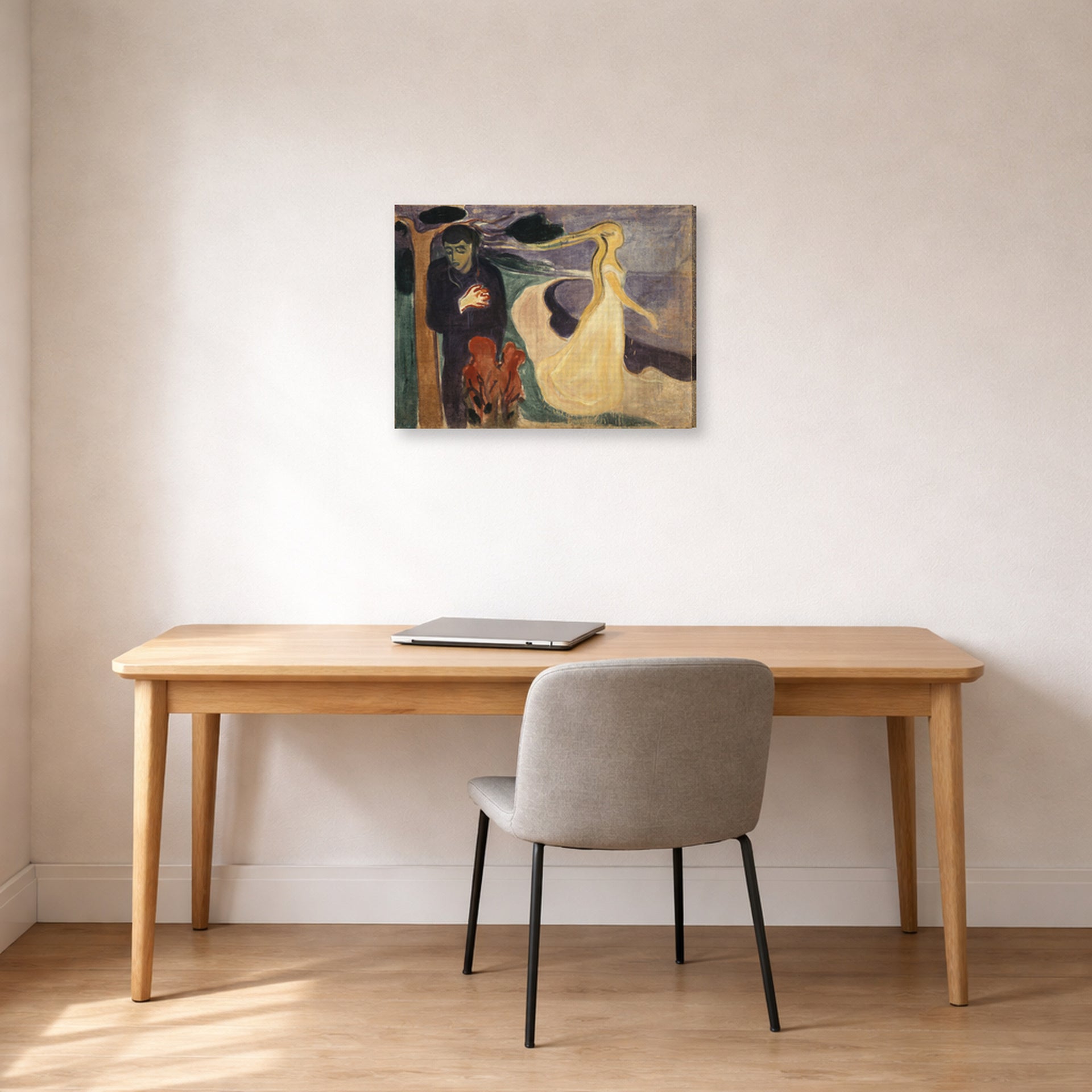 Gallery-wrapped canvas print of Edvard Munch's Separation displayed on a wall in a home office