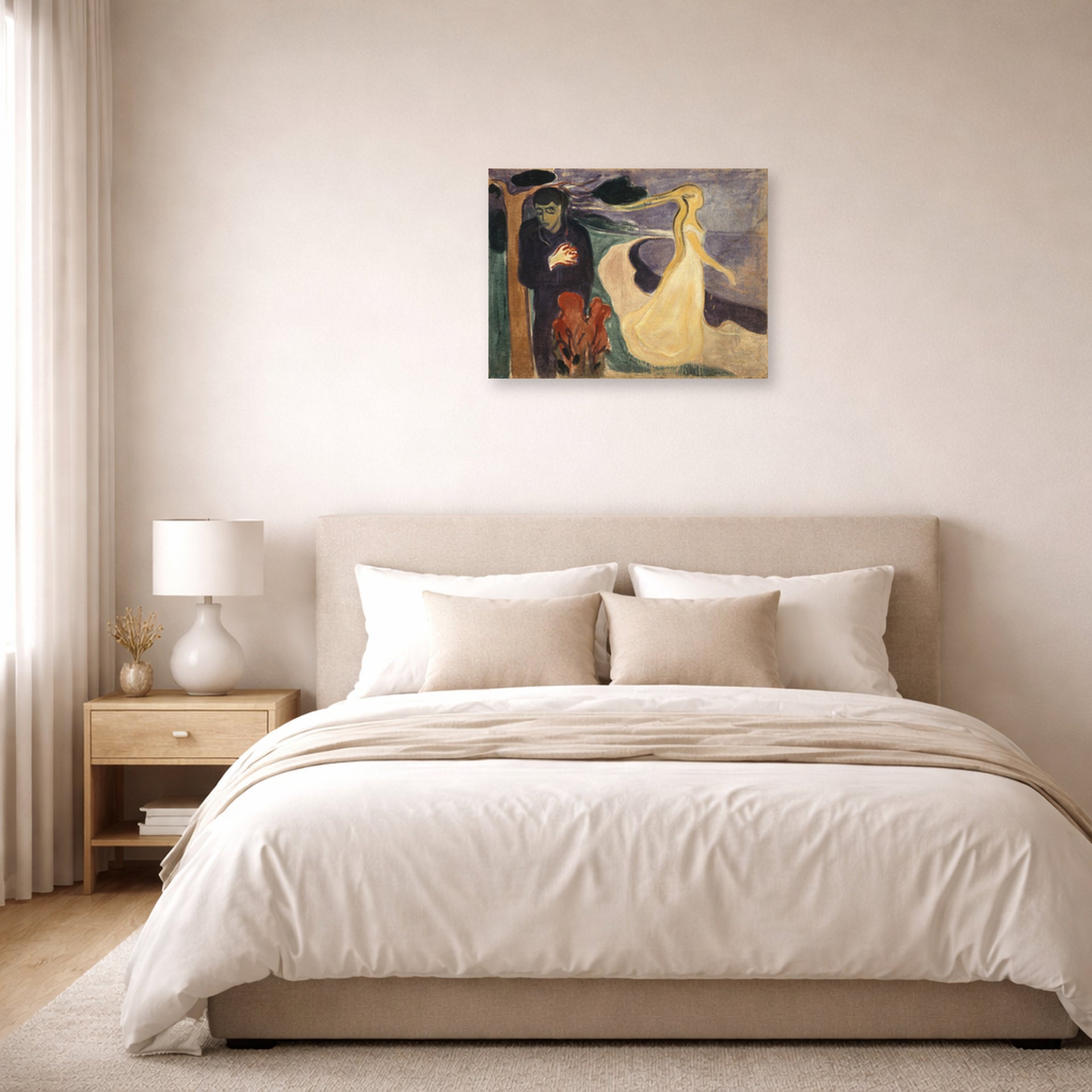 Unframed poster print of Edvard Munch's Separation displayed on a wall in a bedroom