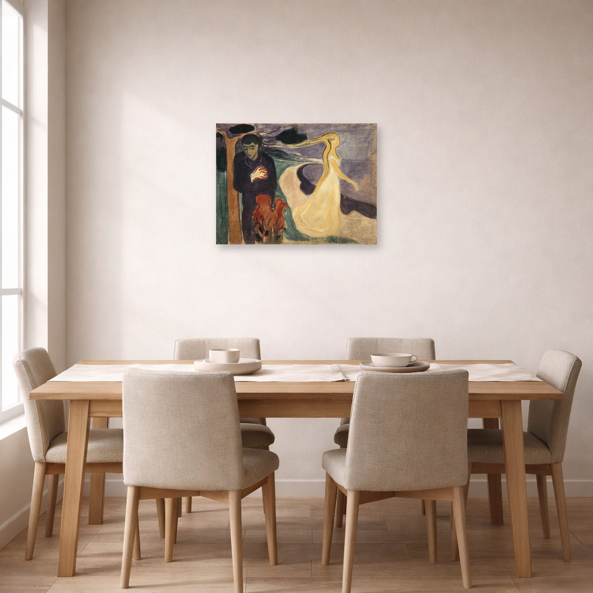 Unframed poster print of Edvard Munch's Separation displayed on a wall in a dining room