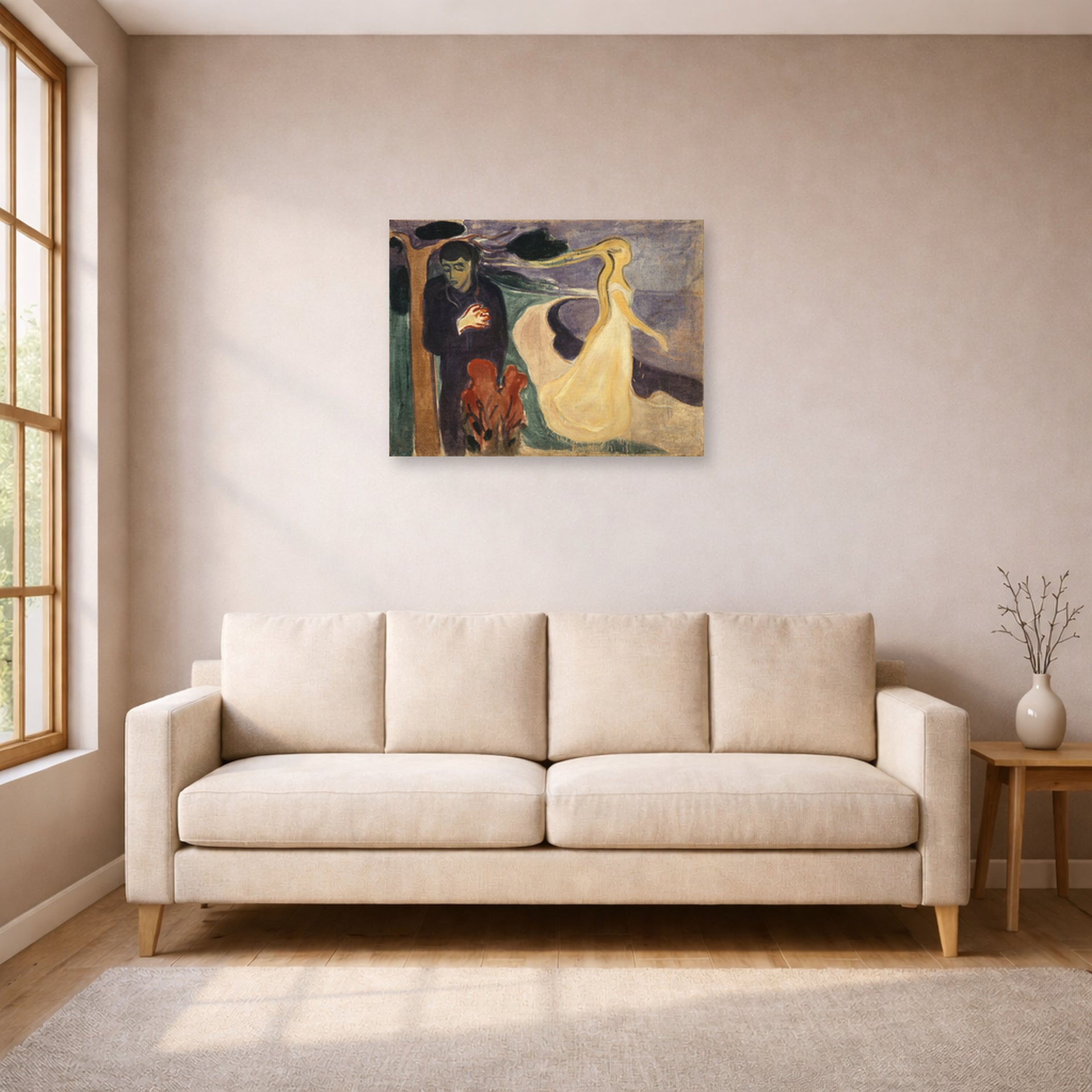 Unframed poster print of Edvard Munch's Separation displayed on a wall in a living room