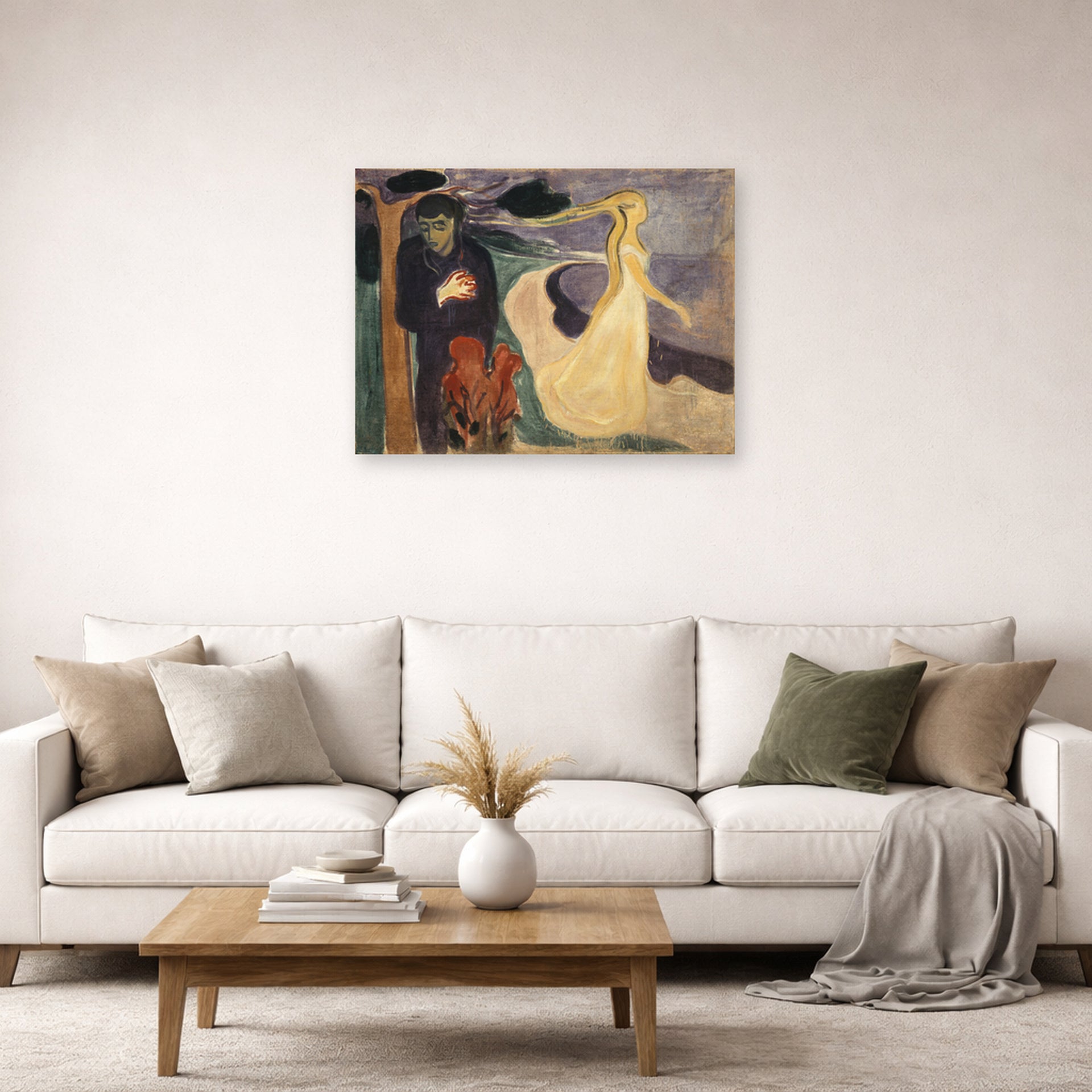 Unframed poster print of Edvard Munch's Separation displayed on a wall in a living room