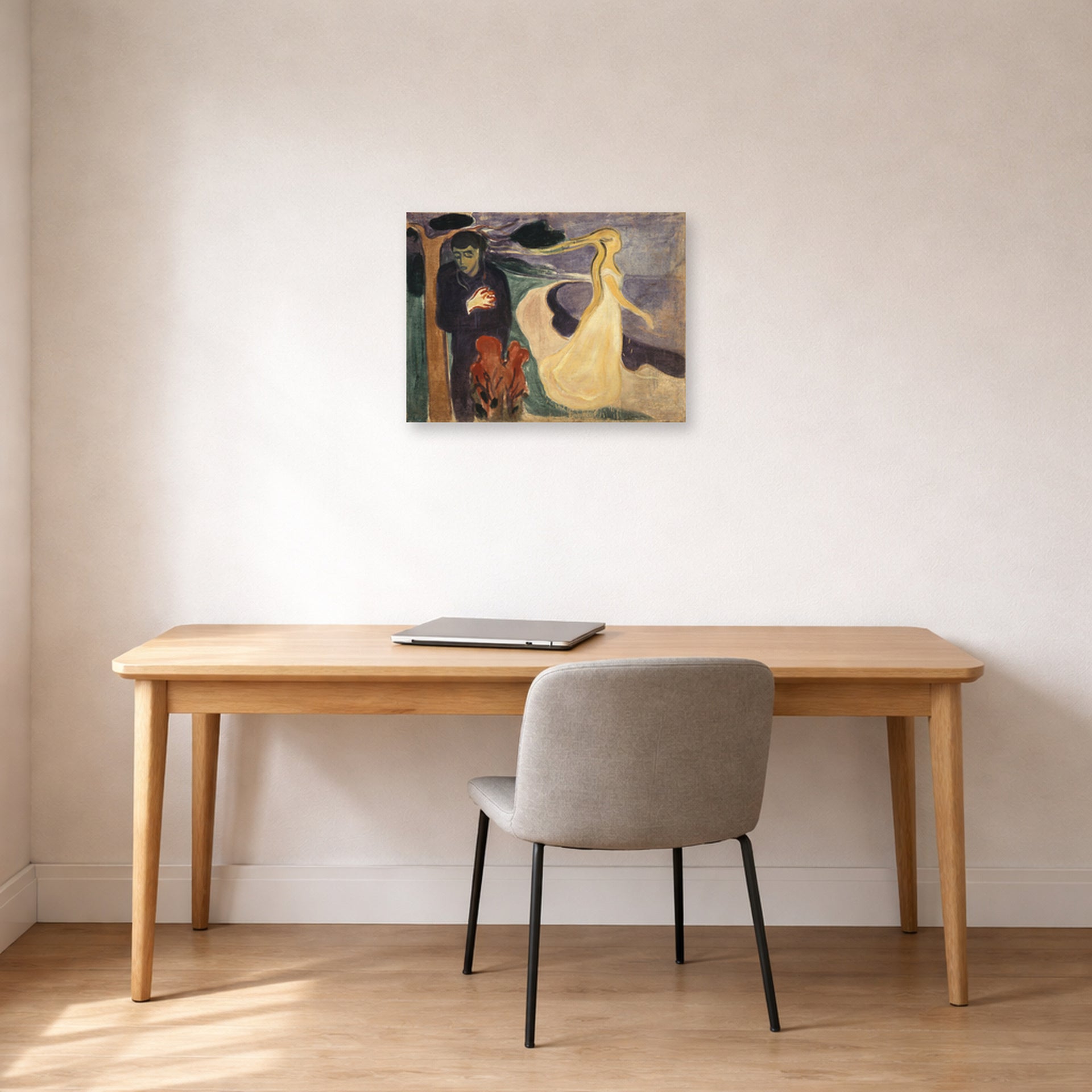 Unframed poster print of Edvard Munch's Separation displayed on a wall in a home office