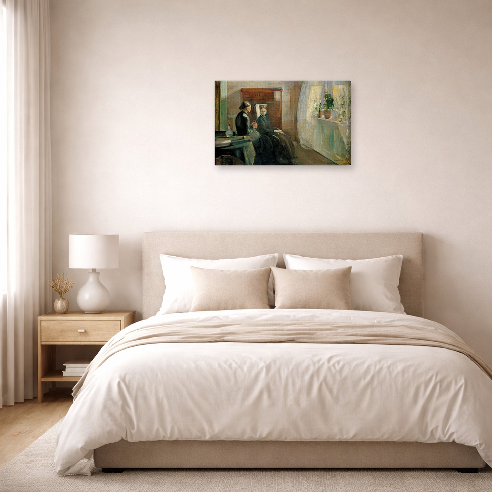 Gallery-wrapped canvas print of Edvard Munch's Spring displayed on a wall in a bedroom