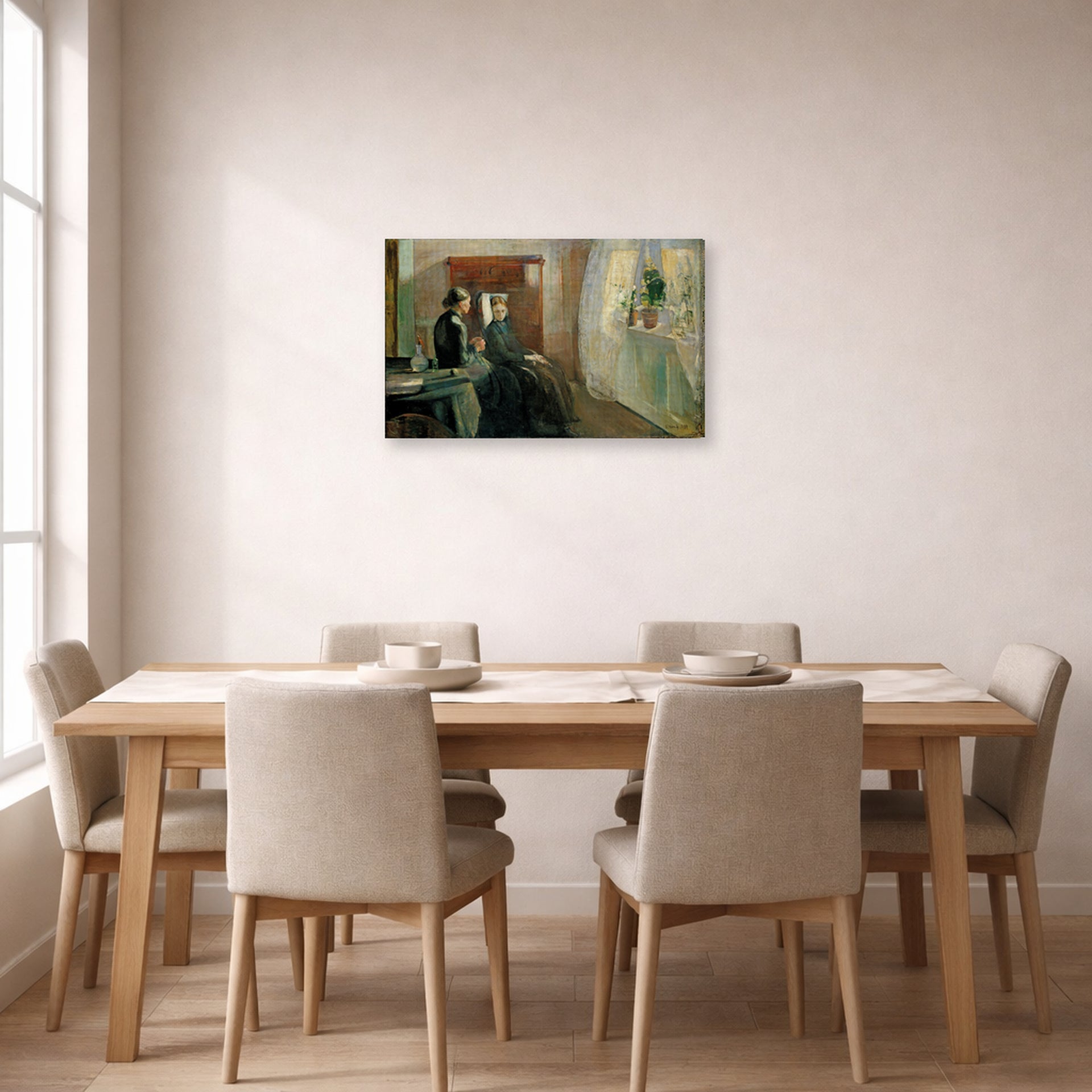 Gallery-wrapped canvas print of Edvard Munch's Spring displayed on a wall in a dining room